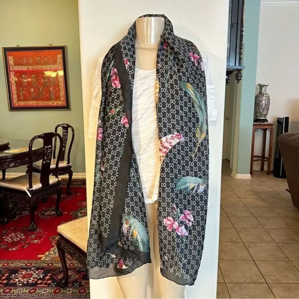 100% SILK BY FASHION‎ DESIGN FEATHER FLORAL LARGE SOFT LIGHTWEIGHT SCARF NWT